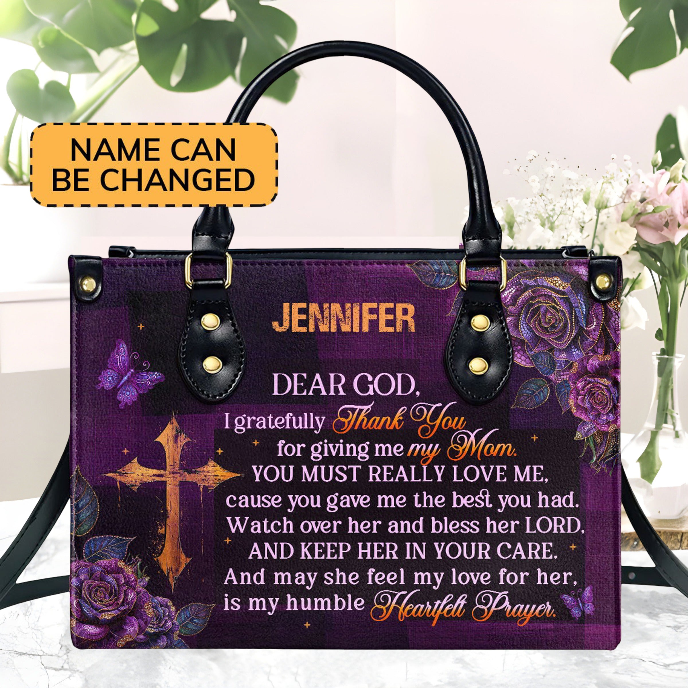 Personalized Christian Leather Handbag, Prayer for Mom Purse, Religious Mother’s Day Gift, Faith Handbag with Custom Name BLAF37